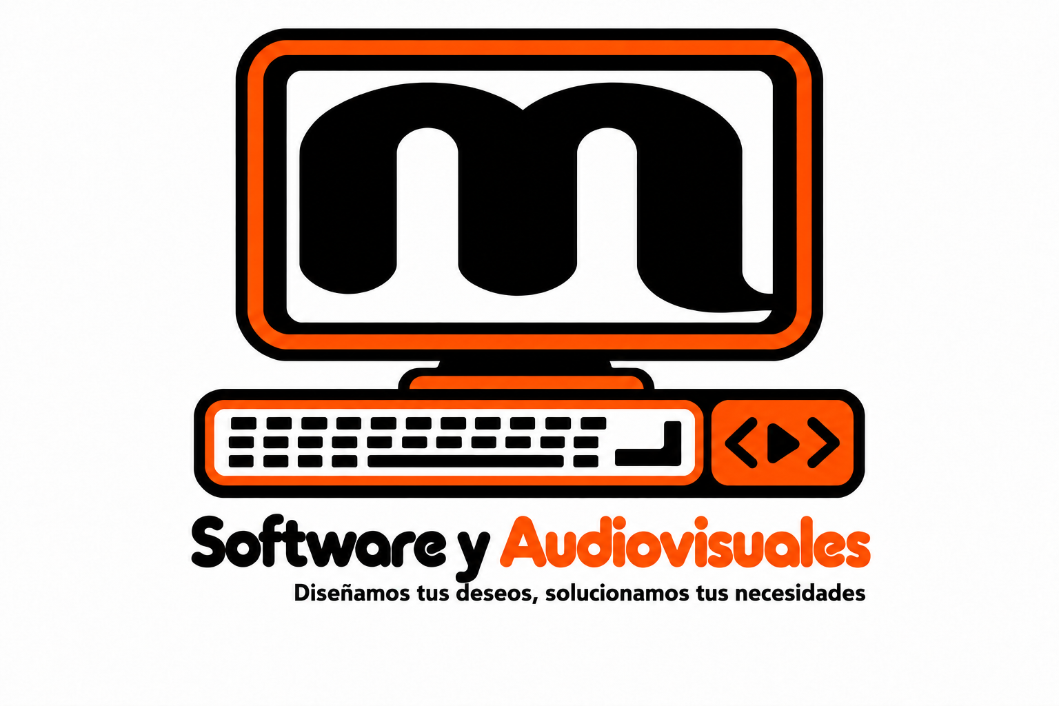 Logo de Software y Audiovisuales: computadora negra y naranja, con la leyenda Diseñamos tus deseos, solucionamos tus necesidades